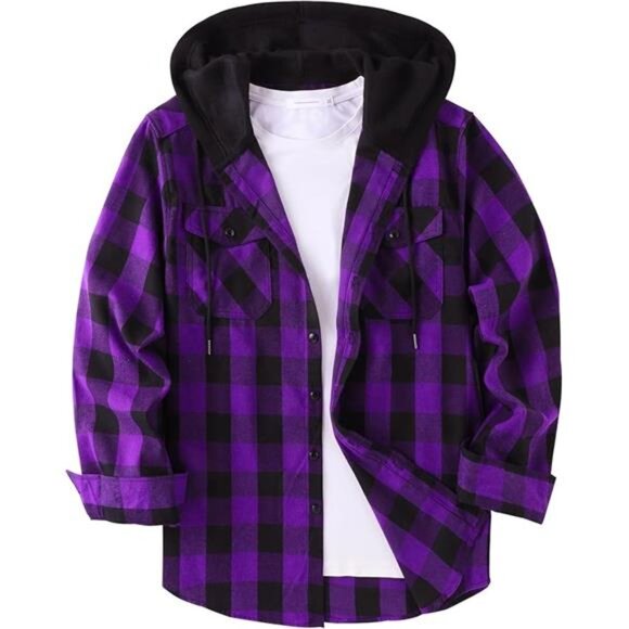 ZITY Men's Flannel Hoodie Shirts Casual Button Down Plaid Shirt Jackets for Men - Picture 7 of 7